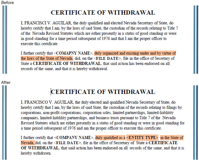 Cert of Withdrawl