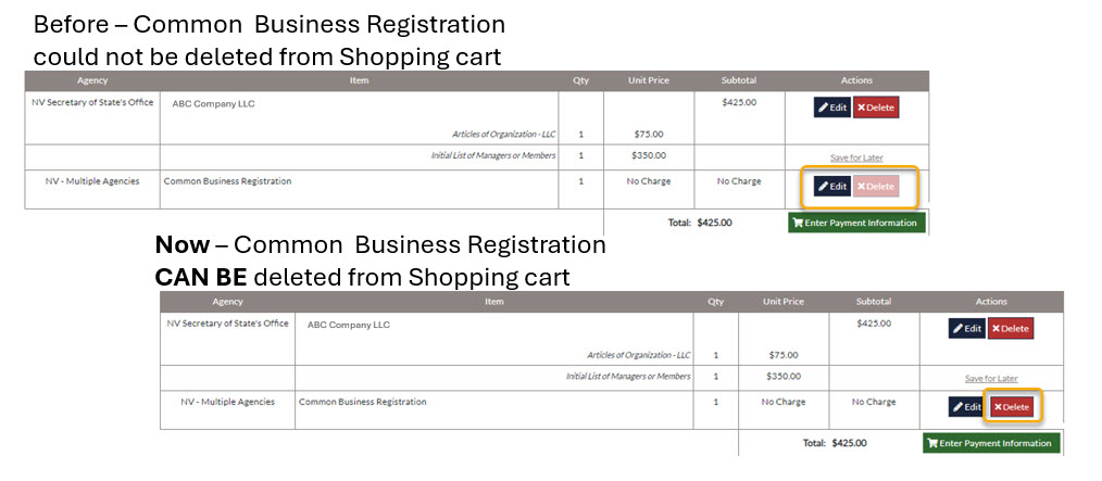 SF CBR Shopping cart delete before and after